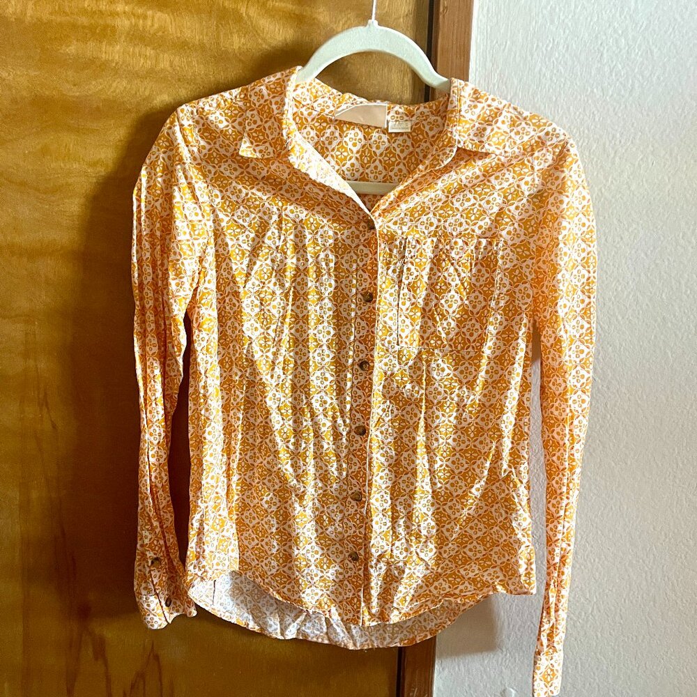 Maeve by Anthropologie Orange And White Patterned Long Sleeve Button Up Shirt